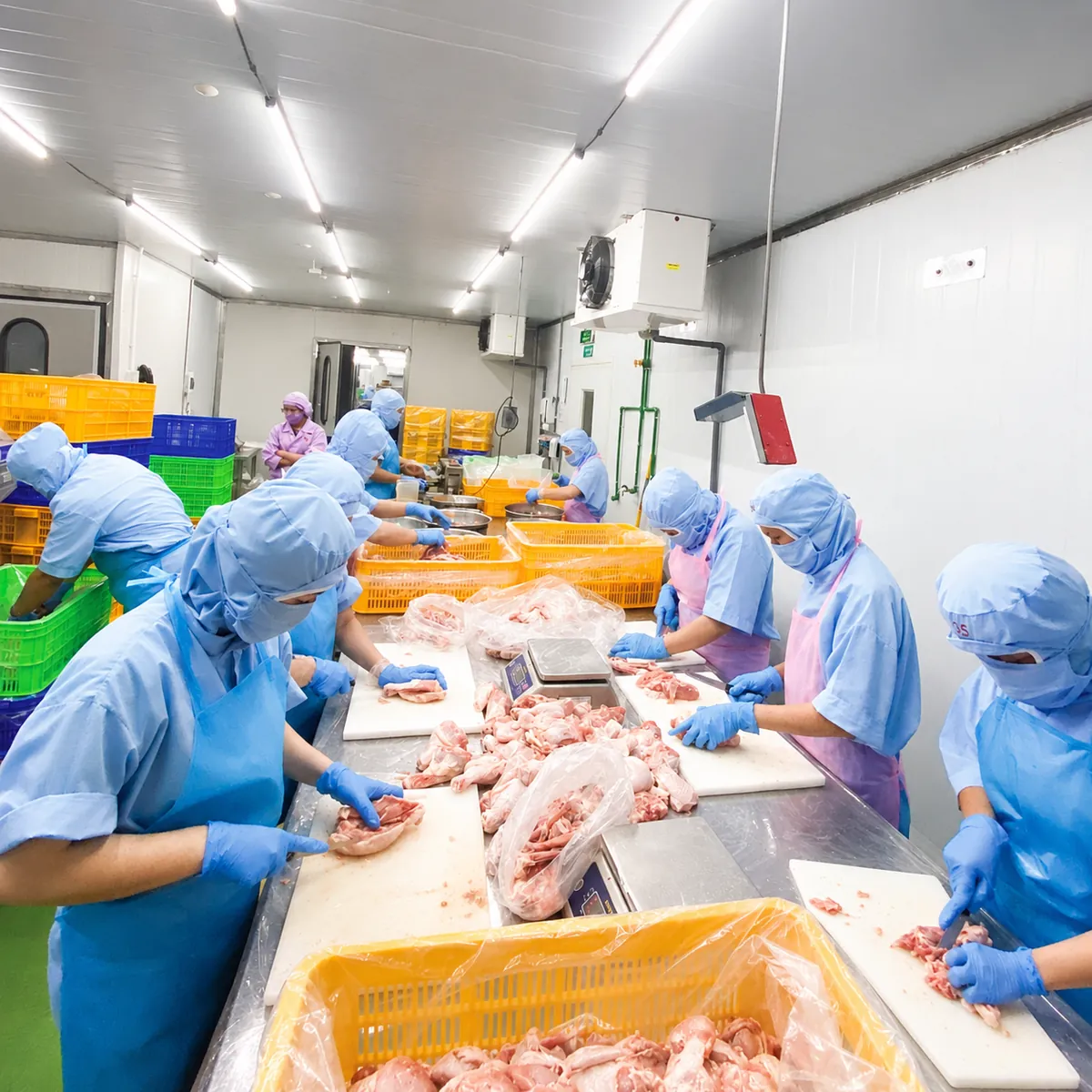 Công nhân sơ chế thịt gà trong nhà máy