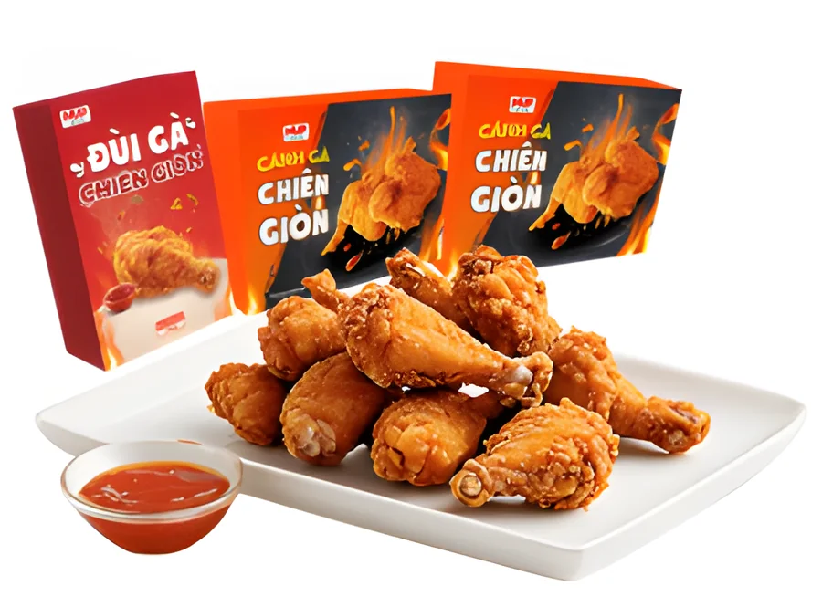 Sản phẩm đùi gà, cánh gà chiên giòn đóng gói